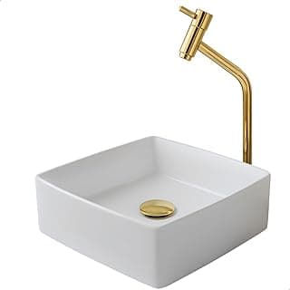 SOFTINOX Kit Cuba de Banheiro Quadrada em Cerâmica com Torneira 1/4 de Volta Válvula Click 1.1/4 e Engate 60cm (Dourada)