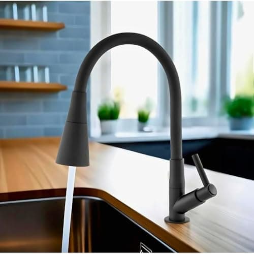 Torneira de Cozinha Moderna ABS Premium de Bancada, Monocomando, Preta Fosca, Bico Alto Flexível, 49,5 cm de Altura, 2 tipos de Jatos, Design Minimalista.