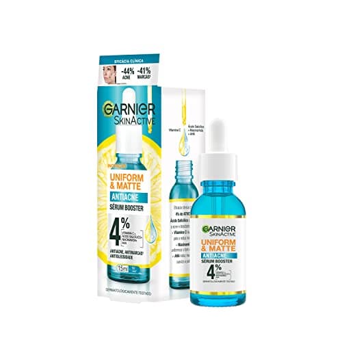 Garnier Uniform & Matte Sérum Facial Antiacne, Reduz Espinhas e Marcas, Uniformiza o Tom da Pele, Efeito Matte Antioleosidade, com Vitamina C e Ácido Salicílico, 15ml