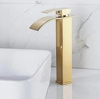 Torneira monocomando de cascata alta para banheiro em dourado brilhante