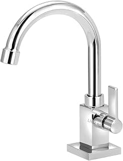 Torneira de lavatório quadrada com bica móvel em metal cromado, base quadrada, controle de água e marca LND.