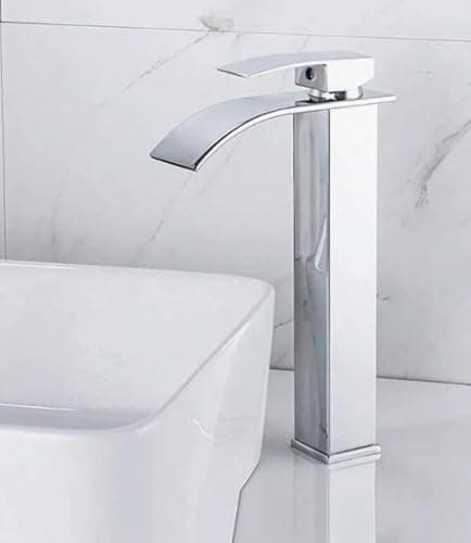 Torneira Monocomando Cascata Alta para Banheiro, Bica Alta Quadrada, Disponível em Cromado, Dourado e Preto (Cinza Cromado)