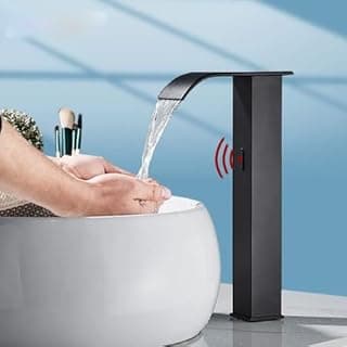 Torneira de banheiro preto com sensor de toque, aço inoxidável, água fluindo