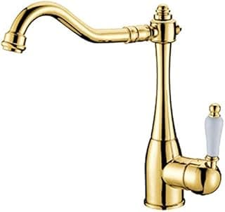 Torneira de cozinha vintage em latão dourado com alça branca, design giratório de 360°, estilo antigo.