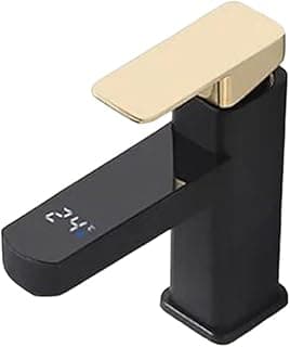 Torneira de pia digital com sensor de temperatura, aço inoxidável e ouro, tela LED, frontal