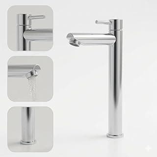 Torneira de mesa aço inox escovado, três ângulos, fundo branco