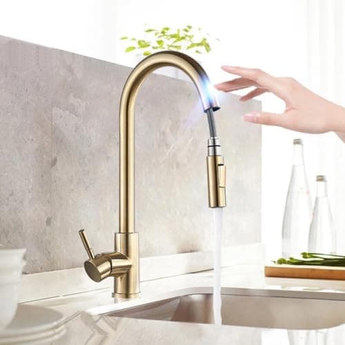 ALENARTWATER Torneira com sensor para cozinha, torneira extraível para cozinha, Giratório em 360º, 2 modos de chuveiro, Dourado Escovado