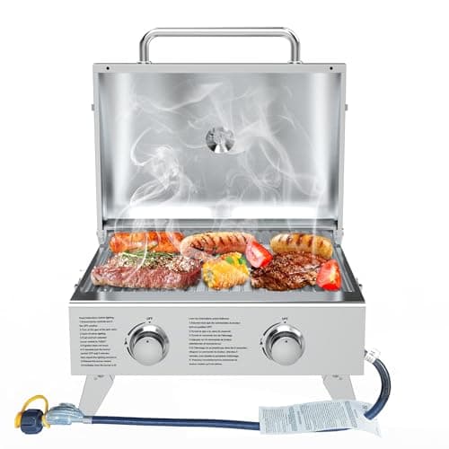 BBQCuker Churrasqueira a gás propano portátil de 2 bocas com pernas dobráveis para acampamento ao ar livre, cozinhar, dois queimadores de 10.000 BTU de aço inoxidável e termômetro embutido, estilo