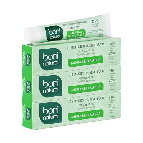Creme Dental com óleos naturais de Menta e Melaleuca Vegano e Natural, Sem Flúor, Sem Triclosan, Boni Natural, 90g, 3 unidades Leve Mais Pague Menos