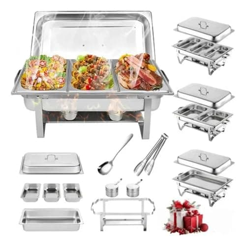 NOVEVE Rechaud Retangular 11 Litros Com 3 Cubas 1/3 Banho Maria E Fogão A Álcool 100% Aço Inoxidável Ideal Para Bufês Restaurantes Banquetes Potlucks