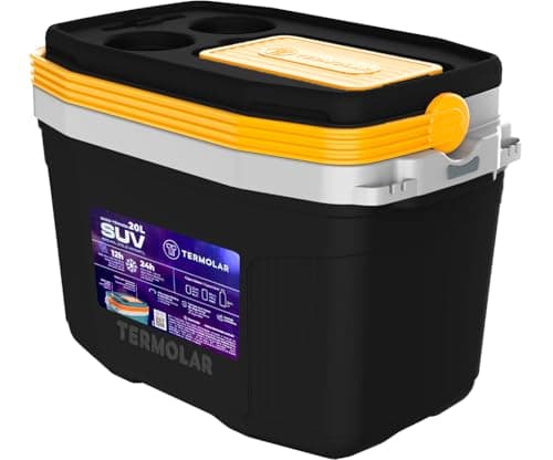 Caixa Térmica Cooler Com Alça Praia Pesca Camping 20 Litros - Alça Reforçada, Porta-Copos, Espaço para Smartphone, Conservação 24h com Gelo (Preto e Amarelo)
