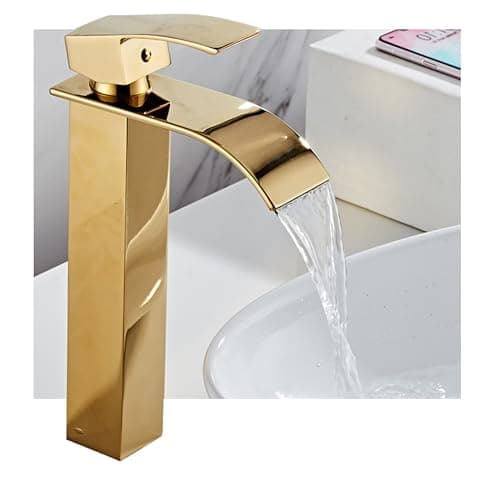 Torneira De Banheiro Monocomando Cascata Quadrada Cuba Pia Lavabo Misturador Bica Alta Gold Dourada