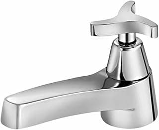 Torneira de lavatório de mesa cromada com acionador de alavanca única e bico curvo, design moderno.