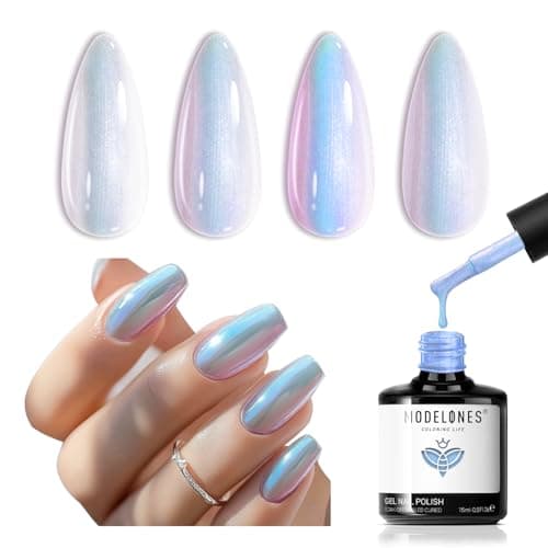 Modelones Esmalte de gel iridescente pérola, 15 ml, brilhante, azul celestial, sereia, desenho de unhas, glitter perolado de verão, esmalte de gel de imersão de LED, efeito de espiral, efeito de linha