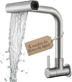 Torneira Cozinha Gourmet Parede Inox, 4 Modos de Jato com Cascata, Bica Giratória 360°, Acionamento 1/4 de Volta