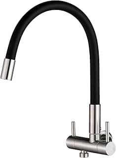 Torneira de Parede Flexível Aço Inox Escovado Saída Dupla 1/2 Tanque Máquina de lavar Lava Louças Purificador