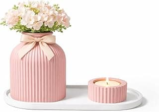 Kit Decorativo Vaso com Bandeja e Porta Vela LED para Sala Mesa de Centro Design Minimalista Rosa Bebê em PLA