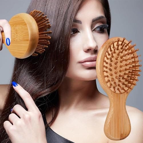 Escova de cabelo de bambu para viagem, massagem e alça de couro cabeludo, escova desembaraçadora para crescimento do cabelo (amarela)