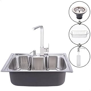 Kit de cozinha completa aço inoxidável com torneira escovada, pia dupla, escorredor