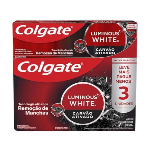 Colgate Luminous White Creme Dental Clareador Carvão Ativado 70g 3 unidades