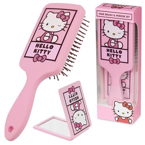 Hello Kitty Hair Brush and Compact Mirror Set for Girls, Teens, Women, Detangler Brush, Kawaii Cute Stuff, Makeup Gifts for Her (Hello Kitty Brush & Mirror)