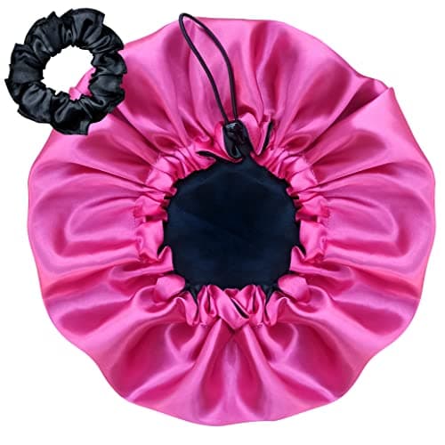 Touca De Cetim Dupla Face Ajustável Antifrizz + Xuxinha (Preto/Pink)