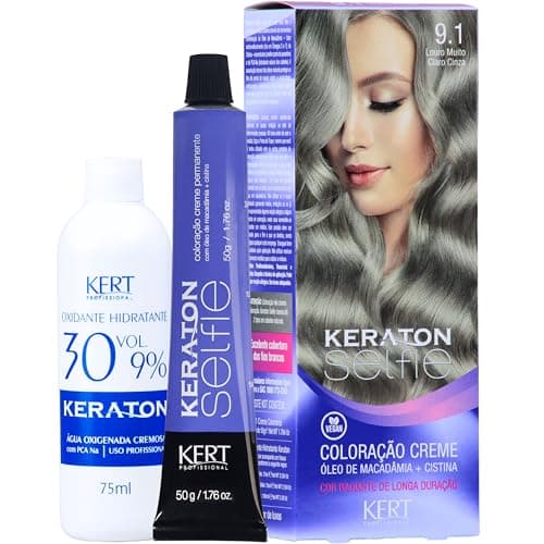 Coloração permanente em creme para cabelos, Com cistina e óleo de macadâmia, Selfie, 50g, Keraton, Nº 9.1 Louro Muito Claro Cinza