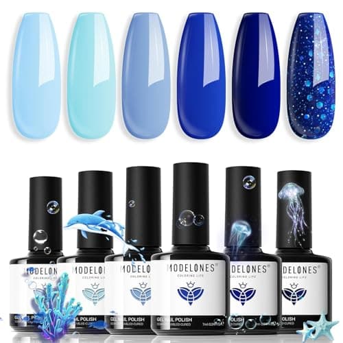 Conjunto de Esmaltes em Gel Modelones, 6 Cores Azuis, Tons Claros a Escuros, para Manicure e Arte em Unhas