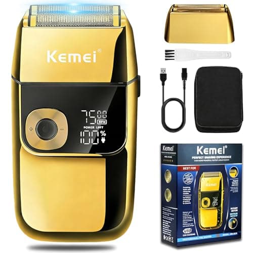 Lâminas de barbear elétricas KEMEI para homens, LCD Display Navalhas masculinas sem fio, USB recarregável com aparador de barba pop-up Melhor presente de viagem mundial, Modelo KM 2028, Ouro
