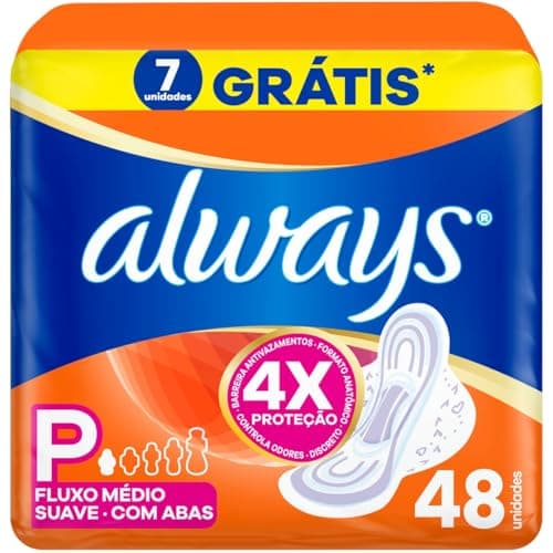 Always Suave, Absorvente com Abas, Tamanho P, 48 Unidades