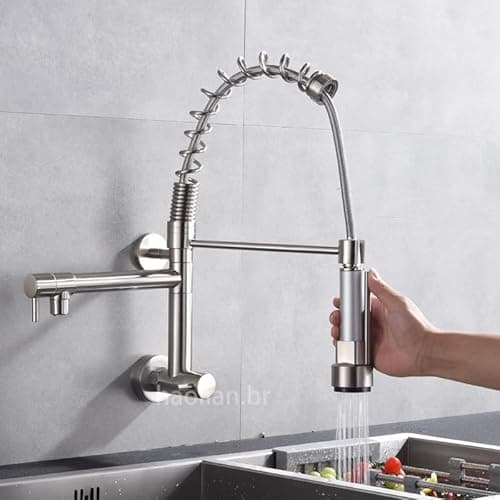 TINICO Torneira de Cozinha Gourmet,Aço Inoxidável Água Fria Única Com Misturador de Extraível,Bicos Duplos Torneira de Parede,Rotação 360,Escovado