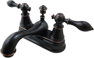 Torneira de lavatório de bronze com dois punhos e 10 cm, estilo clássico, bronze envelhecido, detalhes em preto.