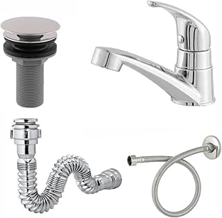 Kit Torneira Lavatório Monocomando Cromado com Válvula 7/8, Sifão Universal Cromado e Engate Flexível em Inox 40cm