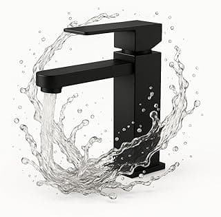 Torneira de banheiro quadrada com acabamento fosco em preto, mostrando jato de água contra fundo branco.