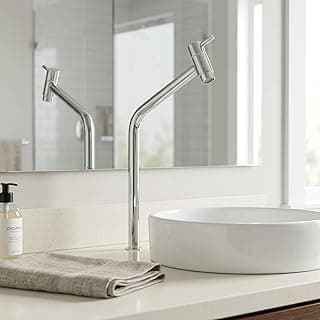 Torneira de banheiro de luxo em metal inox cromado com bica alta, lavabo com pia branca e espelho