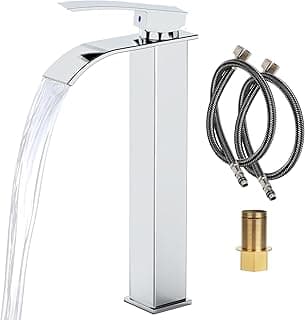 Torneira de cascata alta de aço inoxidável prata com mangueiras e conector dourado