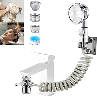 Acessório de pulverizador de pia para torneira com mangueira flexível e chuveiro portátil para lavagem de cabelo e cães, em fundo branco.