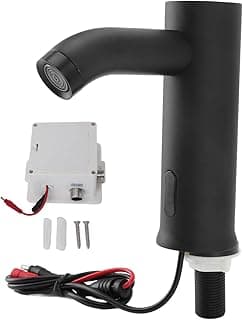Torneira automática preta com sensor infravermelho, sensor branco e controle de fluxo, com fundo branco.