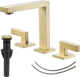 Torneira de pia de banheiro em ouro escovado com três furos e alças de 20 cm, dreno pop-up e mangueira de suprimento
