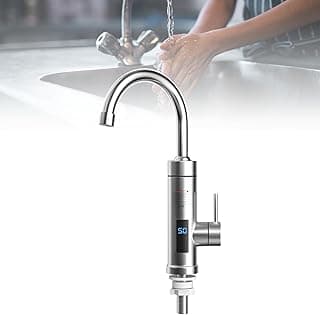 Torneira elétrica de água aquecida em aço inoxidável com display digital, ideal para cozinha e banheiro.