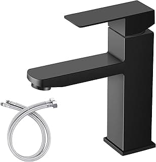 Torneira de banheiro preta de luxo, quadrada, em aço inox 304, com mangueira de conexão.