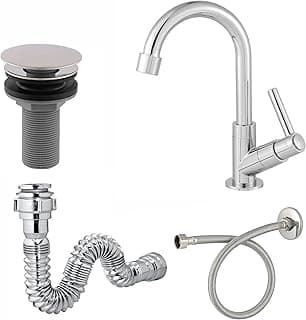 Kit para cuba de banheiro com torneira cromada, válvula e engate flexível