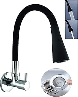 Torneira de cozinha moderna com bica flexível preta e aço inoxidável prateado