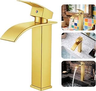 Torneira de banheiro dourada com bica alta, design elegante, em uso em um lavatório e azulejos coloridos.